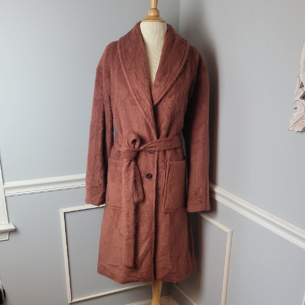 AVEC‎ LES FILLES | ANTHRO Dusty Rose Faux Fur Patch Pocket 2 Button Robe Coat XL